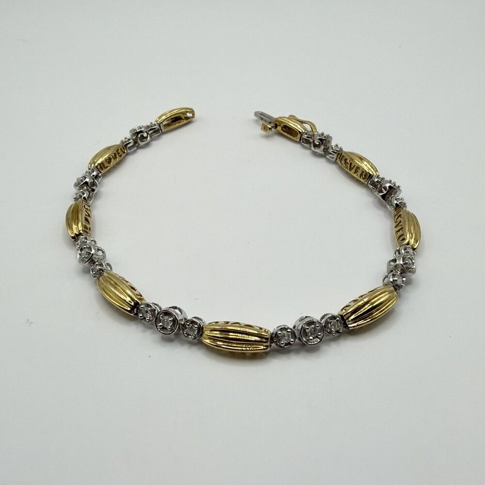 10K Yellow White Gold Diamond Bracelet 0.15 CTW I Love U 7" 6.87g